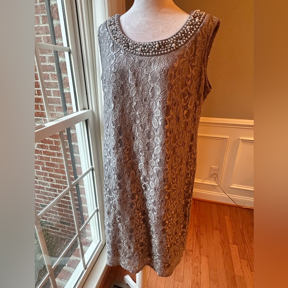 R&M Richards Silver Lace and Beaded Midi Dress